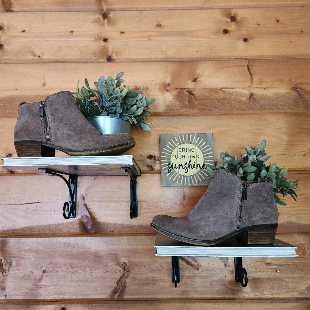 Lucky Brand Basel Ankle‎ Booties Taupe Suede Leather Heeled Boots Sz 7.5 M